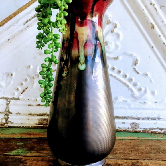 Vintage Israel Drip Pottery MCM Vase Red Gray